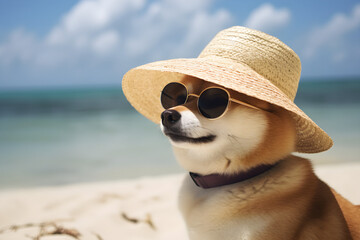 portrait of Shiba Inu wearing sunglasses and sun hat on beach