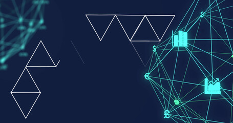 Image of abstract geometric shapes over two globes of digital icons spinning on blue background