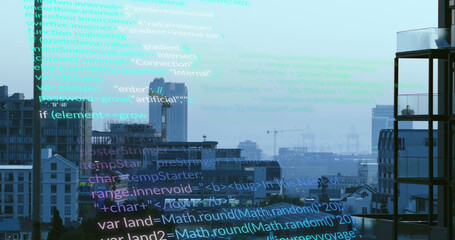 Image of computer language over modern buildings in background