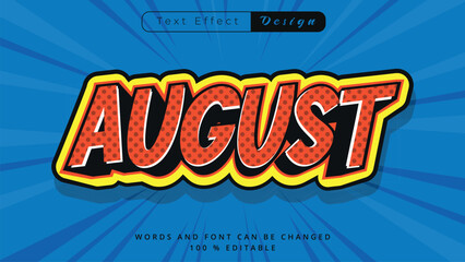 Editable text effect Hello August 3d Cartoon template style premium vector with dotted halftone pattern and red yellow colours on blue background