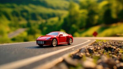 Fototapeta na wymiar A red sports car was speeding along the highway, Background, Illustrations, HD