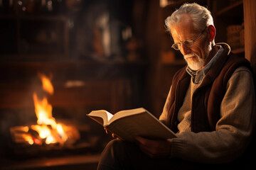 Elderly Man Reading At Home Hobbies Fireplace Cozy AI Generated