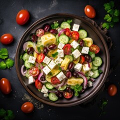 Greek salad with feta cheese and olive oil on plate. Greek healthy food