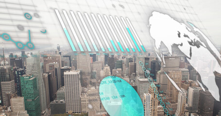 Image of statistical data processing against aerial view of cityscape