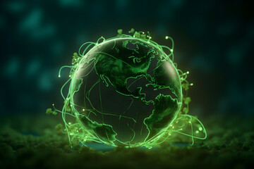 Obraz premium renewable energy light bulb with green energy, Earth Day or environment protection Hands protect forests that grow on the ground and help save the world, solar panels 