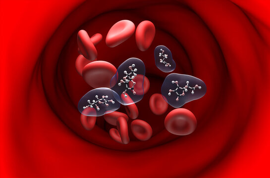 Vitamin c (ascorbic acid) structure in the blood flow – ball and stick section view 3d illustration