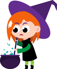 Witch . Cute halloween cartoon character . Flat design . PNG .