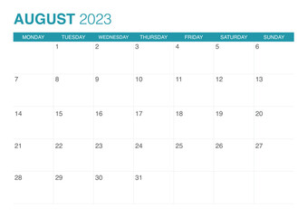 2023 august calendar start on monday - obrazy, fototapety, plakaty