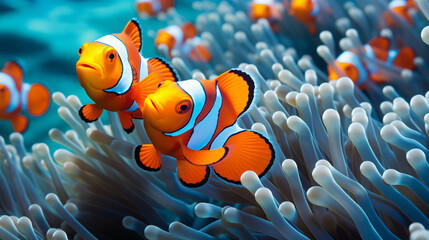 Fototapeta na wymiar Flock of standard clownfish and one colorful fish