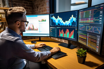 Fototapeta premium Portrait of stock market trader doing analysis of financial investment charts