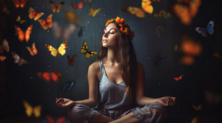 Brown-haired girl with long hair and in a wreath meditating on the background of butterflies