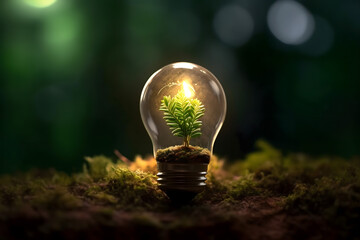 renewable energy light bulb with green energy, Earth Day or environment protection Hands protect forests that grow on the ground and help save the world, solar panels	