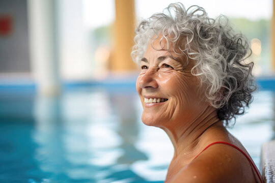 Cheerful senior woman swiming in pool