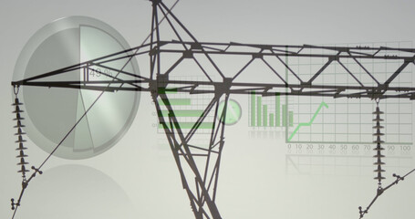 Image of data processing over electricity pylon and landscape
