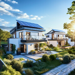 Modern family homes with manicured gardens in large rooftop solar energy harvesting facilities, made with generative ai