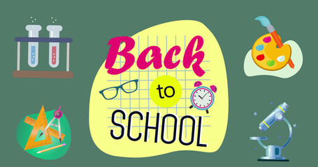 Image of back to school text and school icons on green background