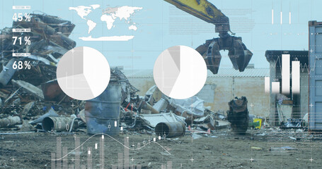 Image of infographic interface over scrap shearing machine pilling up metal scrap