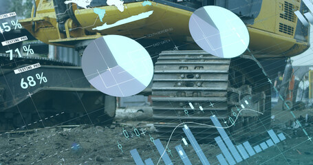 Image of multicolored infographic interface over piled up metal scrap in scrapyard