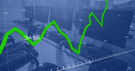 Image of statistical data processing against close up of desks at office
