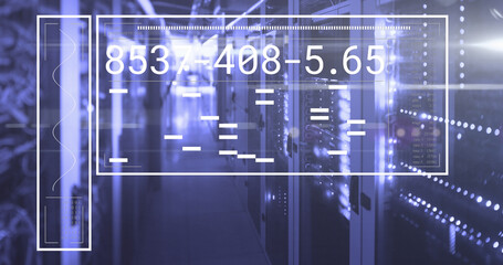 Image of screen with changing numbers and lines with lens flares over server room