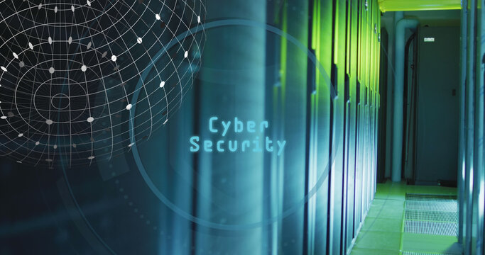 Image of data processing and padlock over server room