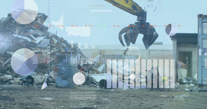 Image of infographic interface over scrap shearing machine pilling up metal scrap - Powered by Adobe