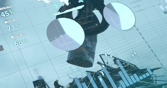 Image of infographic interface over close-up of scrap shearing machine pilling up metal scrap - Powered by Adobe