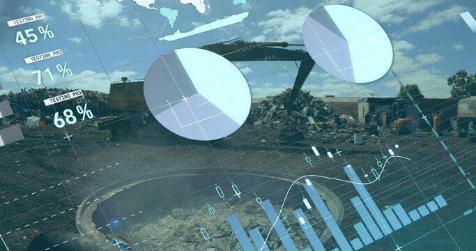 Image of infographic interface over crane piling up metal scrap in scrap yard - Powered by Adobe