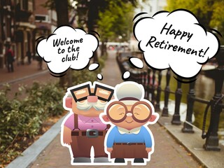 Composite of happy retirement text in speech bubble over senior couple in park