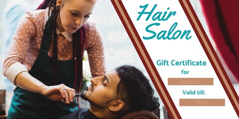Composition of gift certificate text over caucasian female hairdresser giving asian man haircut