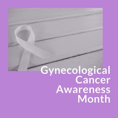 Composite of gynecological cancer awareness month over ribbon on grey background