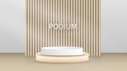 Obraz na płótnie Canvas 3D White Podium with wooden slats on Background products display , Abstract Vector rendering 3d, Product display presentation,Stage for showcase, Vector illustration EPS 10