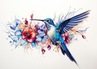 Whimsical Harmony: Graceful Hummingbird Amidst Blooming Flowers on a White Background. Generative Ai
