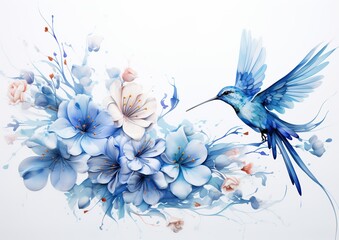 Whimsical Harmony: Graceful Hummingbird Amidst Blooming Flowers on a White Background. Generative Ai