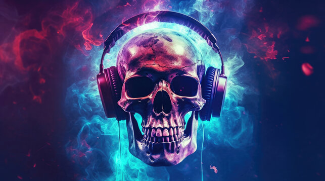 Skull In headphones listening to music, Professional photos