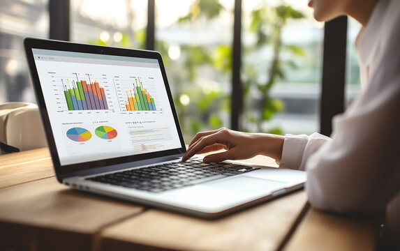 Information analysis. The female economist, who is engaged in telecommuting, carries out corporate financial analysis. The laptop displays graphs of sales and revenue, serving as markers for marketing