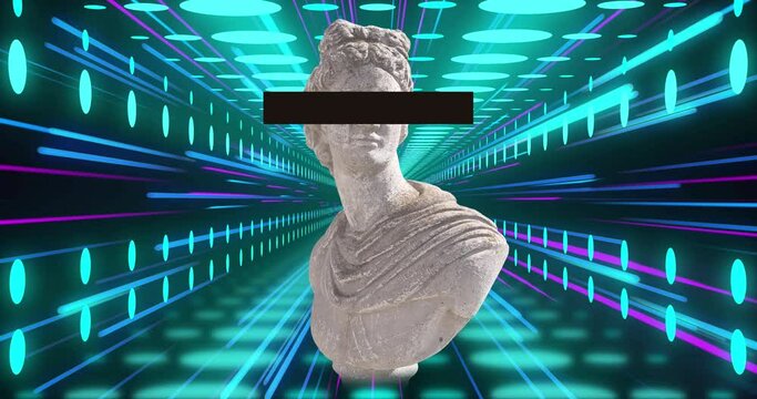 Animation of antique sculpture over green and blue neon light trails