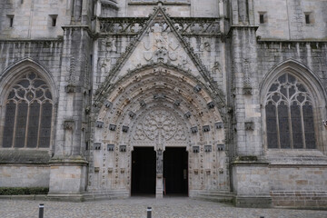 Quimper Gothic church facade, France.