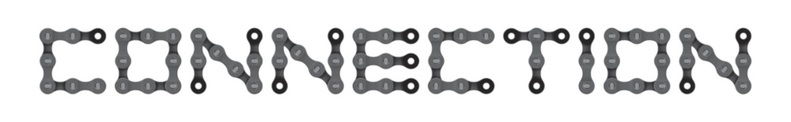 Vector text CONNECTION created from realistic bike chain. Isolated on white background.