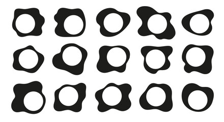 Round asymmetric frame border set. Black abstract organic shapes with empty circle. Liquid basic blob shape