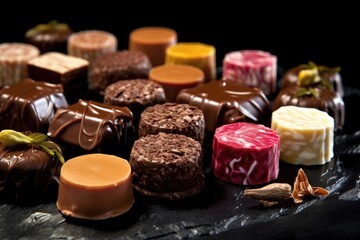 pralines with different fillings and textures - obrazy, fototapety, plakaty