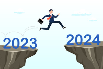 Happy businessman jump cross the gap from year 2023 to 2024, happy new year 2024 hope for business success, new year resolution or opportunity, motivation and work enjoyment (Vector)