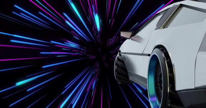 Animation of electric car over pink and blue neon light trails