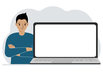 Man crossed his arms near the laptop. The laptop is large and there is room for a test.