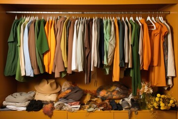 clothes arranged by season in a closet