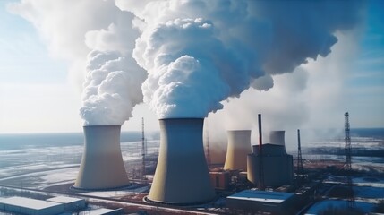 The thermal power plants, Emission of power, Working thermal power station generating visible smoke.