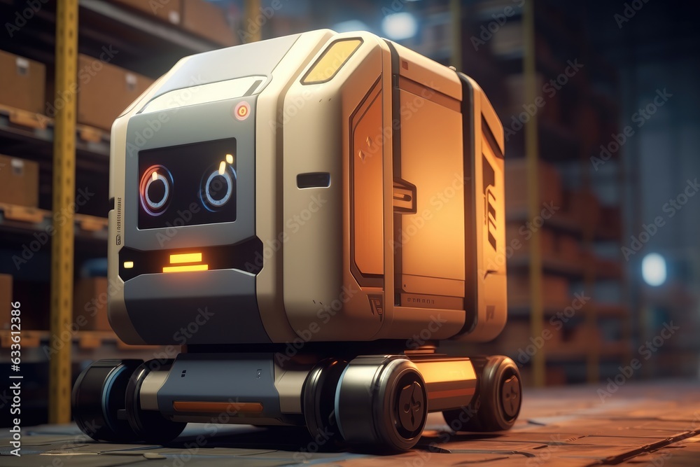 Aufkleber Automated robot delivers an order box in smart automated warehouse, Concept smart warehouse technology.
