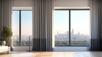 Fototapeta premium Curtain interior decoration in empty room with city view.