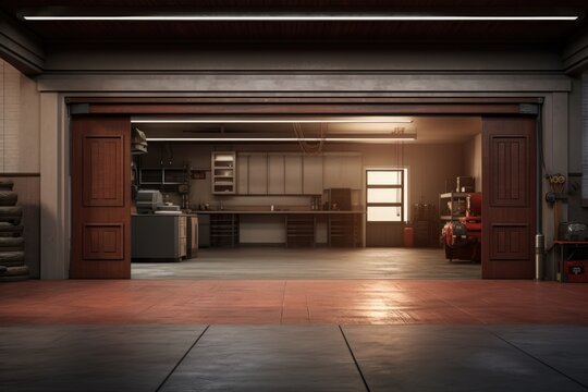 clean and empty garage with open door