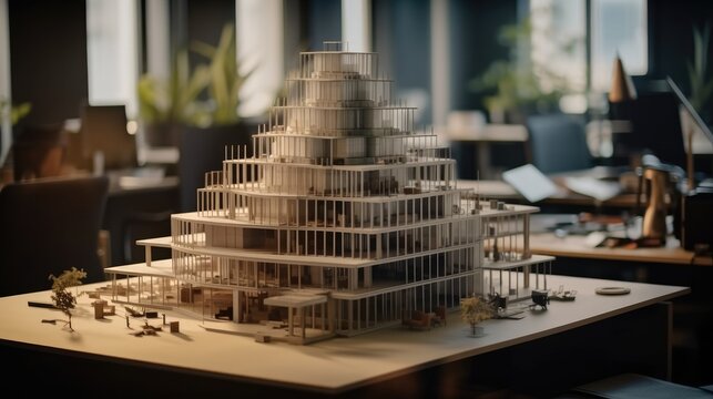 Scale model building to form a new building on table in office, Architecture blueprints.